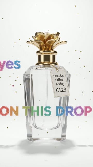 Crystal floral perfume bottle floating on white with a 129 euro price tag