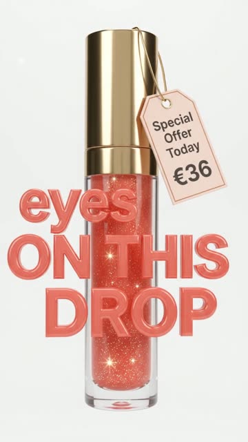 Red lip gloss floating on white with a 36 euro price tag