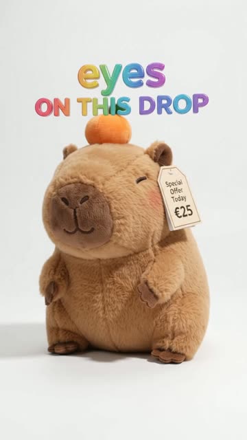 Capybara plush toy floating on white with a 25 euro price tag